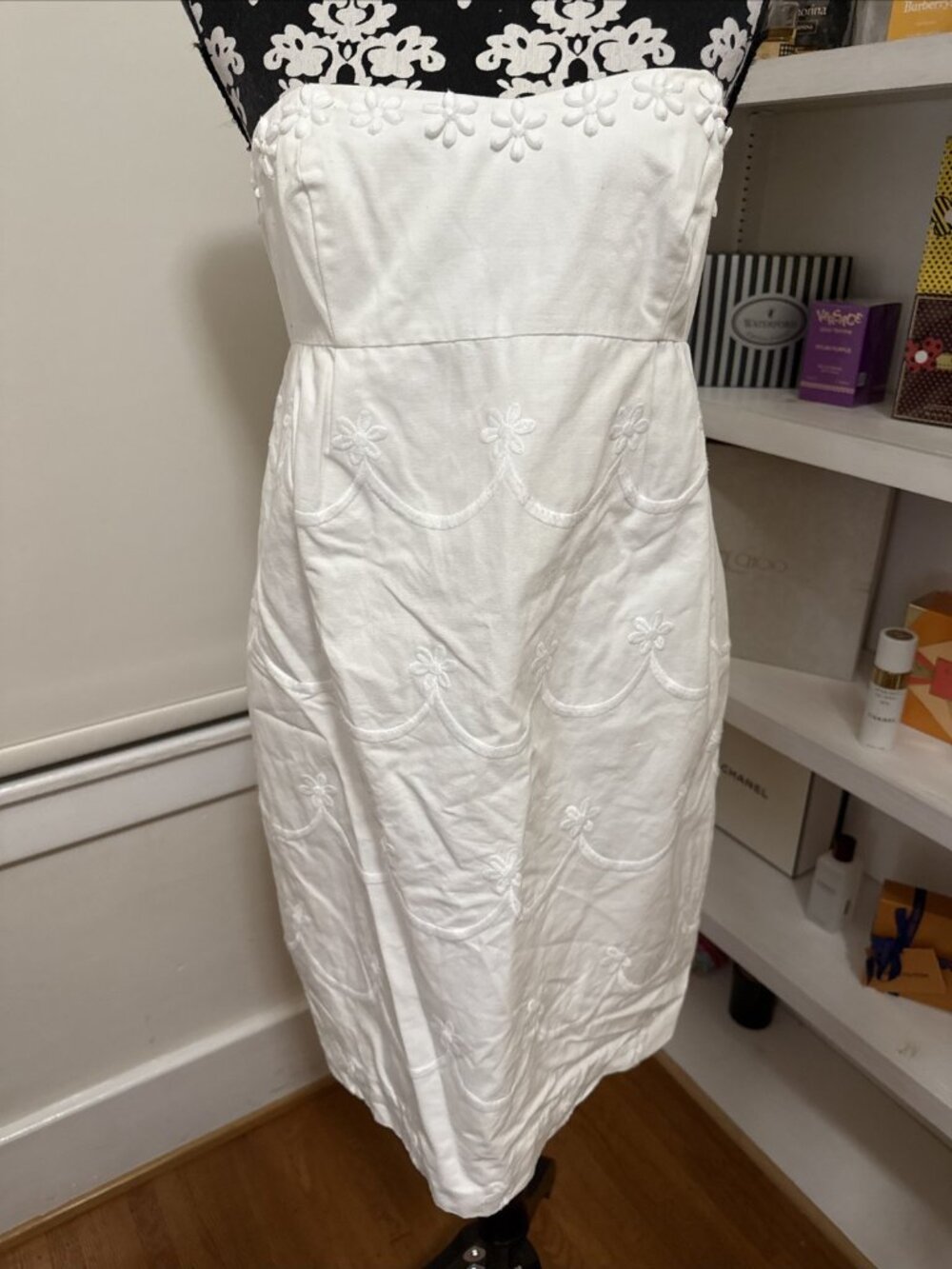 Lilly Pulitzer White Strapless Embroidered Dress Women's 8 Lined Zip Beads Fairy